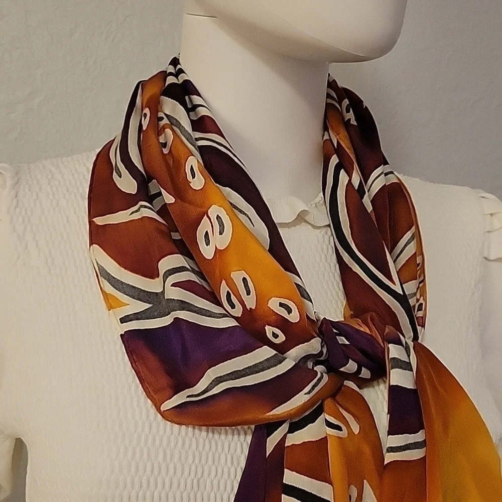 Vtg Bold Punk Tribal Animal Print Abstract Silk Scarf